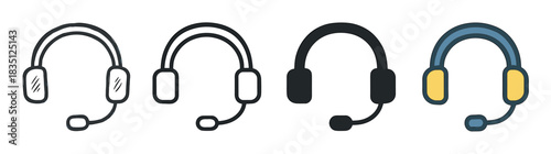 Set of four headset icons in different styles including line art, solid silhouette, hand-drawn doodle, and a colored version for customer support and communication concepts
