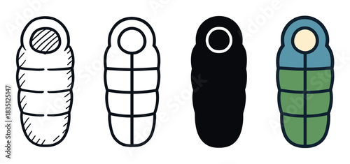 Sleeping bag icon set in four different styles including doodle, line art, silhouette, and flat color for camping and hiking concepts, presented as a simple graphic collection