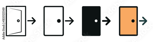 Set of four door icons illustrating a sequential process with arrows, showing a progression from an open outline to a closed solid color symbol in a minimalist flat graphic design style
