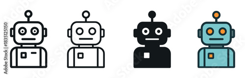 Collection of four friendly robot icons presented in outline, silhouette, and colored fill styles for modern digital interfaces and automation concepts