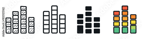 Collection of four equalizer or bar chart icons showcasing different graphic styles like hand-drawn doodle, clean outline, solid black, and vibrant color