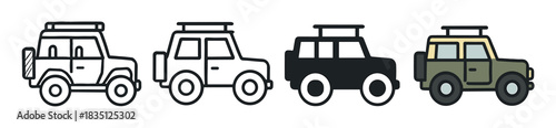 Collection of four 4x4 car vector icons in line, glyph, and flat color styles, illustrating a rugged expedition vehicle with a roof rack for travel and safari concepts