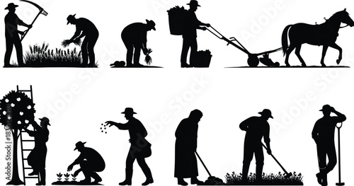 Agriculture, activity, silhouette, posture, gesture, harvest, sowing, planting, wheelbarrow, ladder, plow, tool, vector, black, pose, setup, rural, manual, tradition, flavector