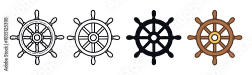 Ship's wheel helm icon set collection showing four different vector graphic design styles including outline, solid silhouette, and a classic brown wooden cartoon illustration
