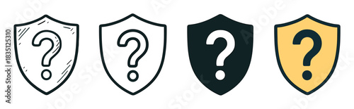 Shield icons with a question mark symbol in a set of four different styles including doodle, outline, glyph, and flat color, representing unknown security, risk, and support