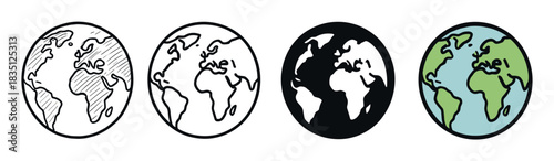 Hand-drawn Earth globe vector icon set featuring four different artistic styles, from a simple black outline and silhouette to a hatched sketch and a colored doodle version
