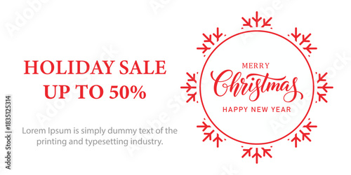 Festive Christmas holiday sale banner with red snowflake frame, elegant Merry Christmas and Happy New Year typography, and bold text promoting up to 50 percent discount on white background.