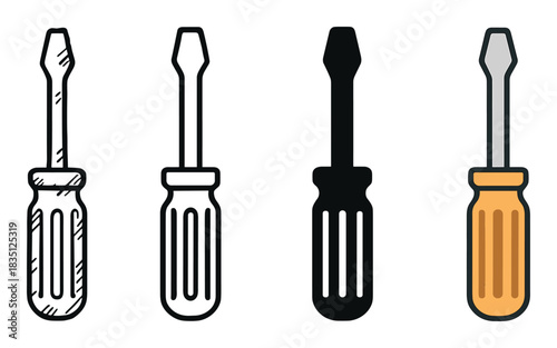 Four screwdriver icons in different styles showing a flathead tool as a doodle, line art, silhouette, and color illustration for graphic design or user interface elements