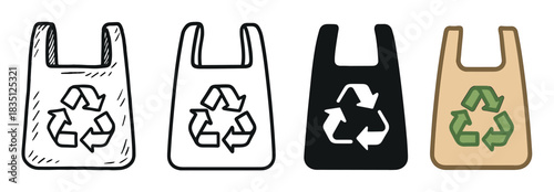 Set of four plastic bag icons with recycling symbols in different artistic styles including doodle, line art, silhouette, and color for environmental concepts