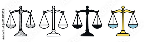 Scales of justice icon set with four different styles including doodle, line art, silhouette, and color, representing law, balance, and legal concepts in a vector illustration collection
