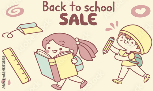 Kids with Books and School Supplies – Back to School Sale Banner.