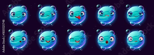 Cute blue planet character faces emoji cartoon set