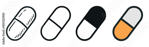 Set of four pill capsule icons in various graphic styles including a hand-drawn doodle, simple line art, a solid silhouette, and a flat two-tone color design