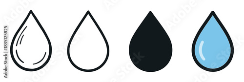 Four simple water drop vector icons presented in a row with various graphic styles like line art, a solid black silhouette, and a blue colored version with a highlight