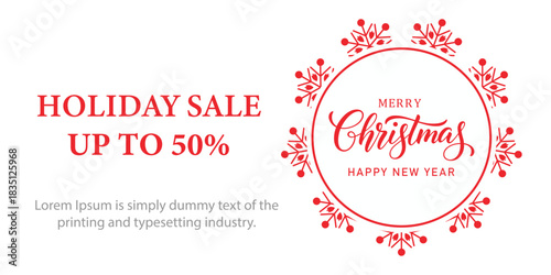 Festive Christmas holiday sale banner with red snowflake frame, elegant Merry Christmas and Happy New Year typography, and bold text promoting up to 50 percent discount on white background.