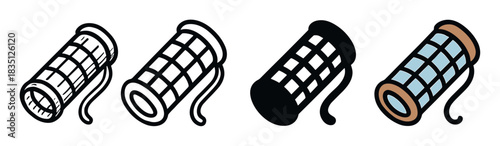 Set of four hair curler icons in different styles including line art, silhouette, and color for beauty salon and hairdressing concepts, presented as a simple vector illustration