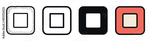 Set of four stop button icons in different visual styles, including a hand-drawn doodle, a simple outline, a solid glyph, and a flat color version for multimedia player interfaces