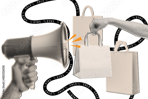 Halftone trendy collage with hand holding megaphone and paper shopping bags,black friday,shopping concept