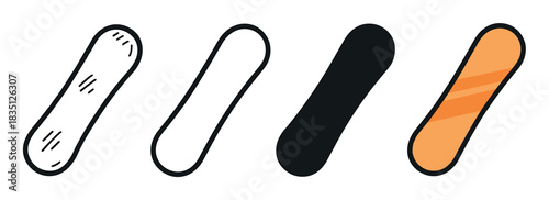 Snowboard vector icon set collection showing four different graphic design styles including a simple outline, a solid silhouette, a doodle sketch, and a flat color version