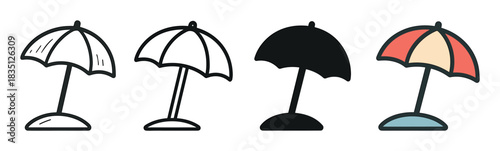 Set of four beach umbrella icons showing different graphic styles including outline, silhouette, and a colorful hand-drawn version for summer vacation and travel concepts