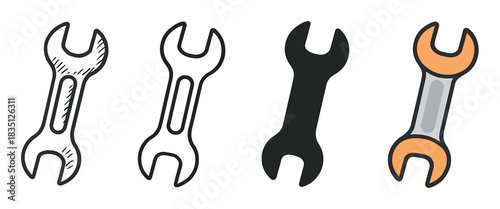 Set of four open-ended wrench icons showing different design variations like hand-drawn sketch, simple line art, black silhouette, and a flat color cartoon style illustration