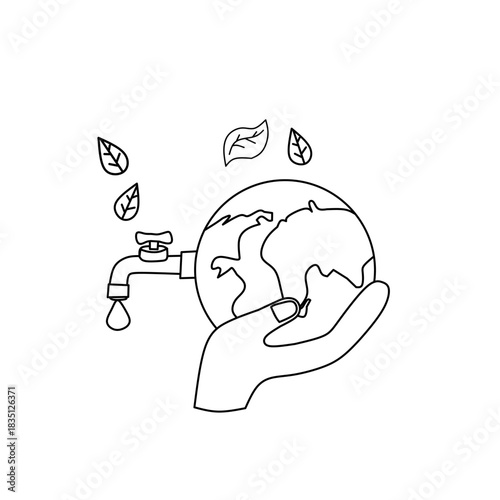 Hand gently holds the Earth with a water tap dripping, symbolizing water conservation, environmental protection, and a sustainable, eco-friendly future.