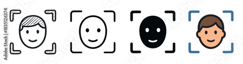 Set of four facial recognition icons in various design styles including doodle, line art, solid glyph, and colored outline, symbolizing biometric identification and security