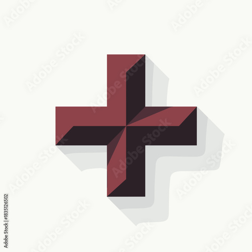 Burgundy plus sign casting shadow on light background. Burgundy plus sign can be used to symbolize addition, making it useful in mathematics. This burgundy plus sign provides visual metaphor,