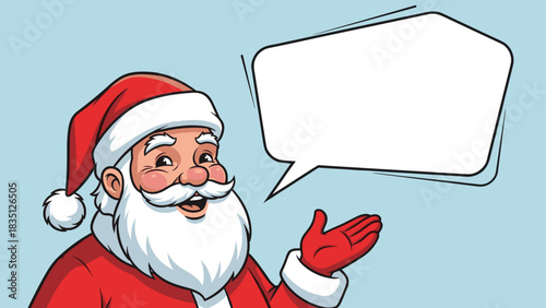 Santa Claus gesturing with a speech bubble on light blue background  