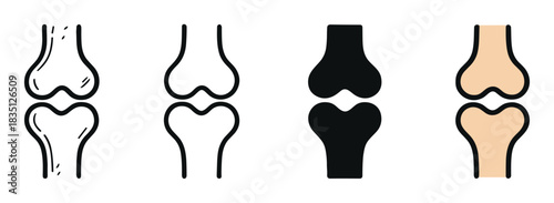 Collection of four bone joint icons in various graphic styles including doodle, outline, solid silhouette, and color for healthcare or orthopedic design