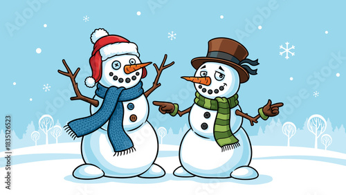 Two cheerful snowmen smiling and talking in a snowy winter landscape  