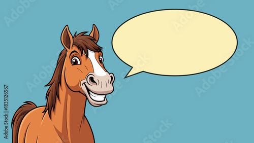 Cartoon horse with a cheerful expression and blank speech bubble  