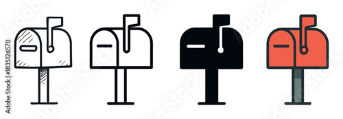 Mailbox icon set in four different styles including sketch, line art, solid glyph, and flat color for communication and postal service concepts