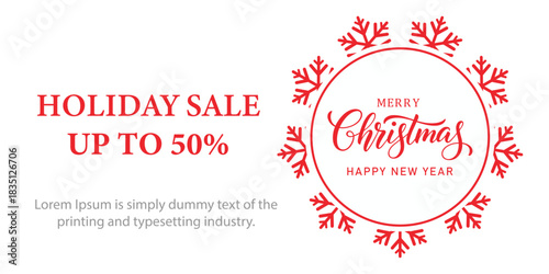 Festive Christmas holiday sale banner with red snowflake frame, elegant Merry Christmas and Happy New Year typography, and bold text promoting up to 50 percent discount on white background.