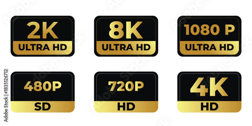 Resolution Icons Set  8K, 4K Ultra HD, 2K Quad HD, 1080p, 720p, 480p SD  Flat Vector on White Background

