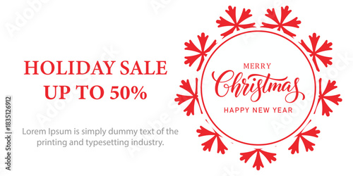 Festive Christmas holiday sale banner with red snowflake frame, elegant Merry Christmas and Happy New Year typography, and bold text promoting up to 50 percent discount on white background.