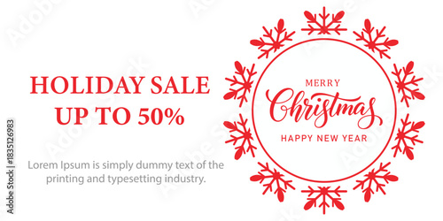 Festive Christmas holiday sale banner with red snowflake frame, elegant Merry Christmas and Happy New Year typography, and bold text promoting up to 50 percent discount on white background.