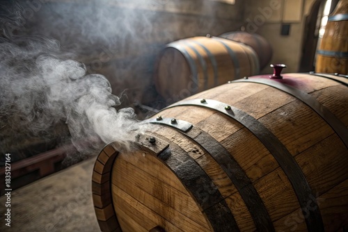 Smoke billows from a wooden barrel during the traditional aging process in a dim cellar, suggesting the careful craftsmanship behind fine spirits or wine