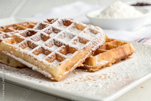 Delicious Homemade Waffles Sprinkled with Powdered Sugar on a White Plate