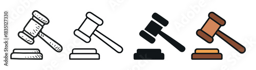Set of judge gavel and block icons in four different graphic styles including doodle, line art, solid glyph, and colored flat design for legal concepts