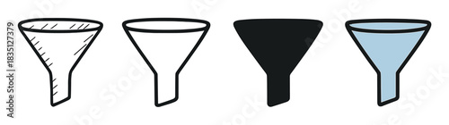 Four funnel icons in different styles including line art, outline, silhouette, and colored versions, a simple graphic illustration set for various design concepts