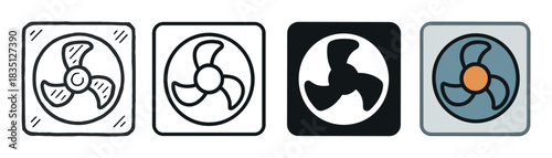 Four different fan or ventilator icons presented in a collection of graphic styles, from hand-drawn doodle and simple line art to a solid glyph and a full color version