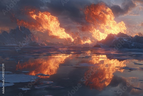 Fiery Explosion Above Icy Landscape Reflecting on Calm Waters at Sunset