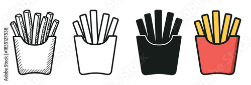 French fries icon set in four different styles including a hand-drawn sketch, simple outline, bold silhouette, and a flat color version for graphic design elements