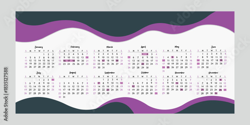 A clean and modern 2026 full-year calendar template featuring an abstract purple and dark grey wavy header and footer design. Horizontal layout suitable for wall calendars and corporate planners