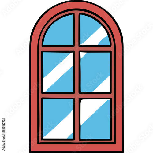 Simple red framed arched window with six blue glass panes reflecting diagonal white light on a black background a clear illustration of architectural element
