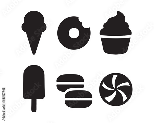ice cream cone, bar,  a round donut with hole, a fluffy cupcake with frosting, a lollipop, a chocolate bar, and a candy wrapper, donut with subtle bite shape, cupcake with top icing, macaron pair, can