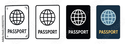 Set of four passport icons presented in different graphic styles including hand-drawn doodle, simple line art, solid glyph, and modern flat color for travel and identification concepts
