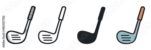 Set of four golf club icons showing different artistic styles including a hand-drawn doodle, simple line art, a solid silhouette, and a colored flat design for sports concepts