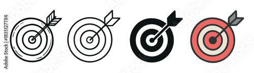 Set of four target icons with an arrow hitting the bullseye, showcasing various styles including hand-drawn doodle, simple line art, solid silhouette, and a flat colored version